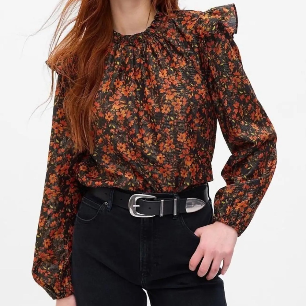 GAP Ruffle Shirt Metallic Red Orange Black Floral Medium Flutter Sleeve